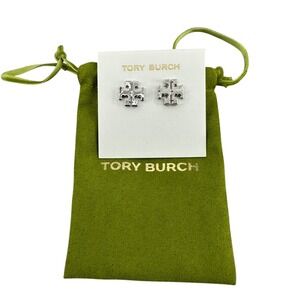 Tory Burch 1/2" Logo Stud Earrings Silver Tone Dust Cover Style 143362